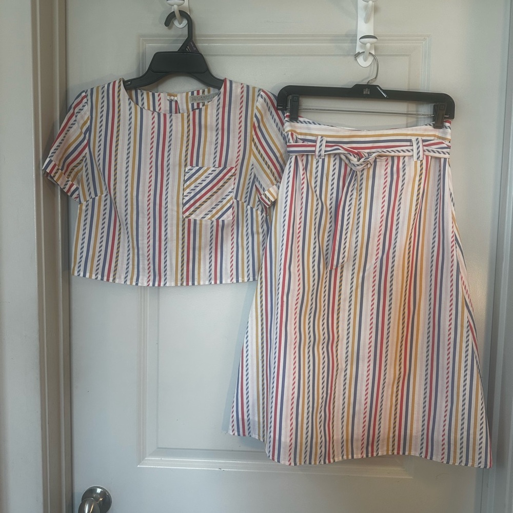 Vintage 90s SugarHill Boutique Striped Cotton Crop Top A-Line Belted Skirt Set,2